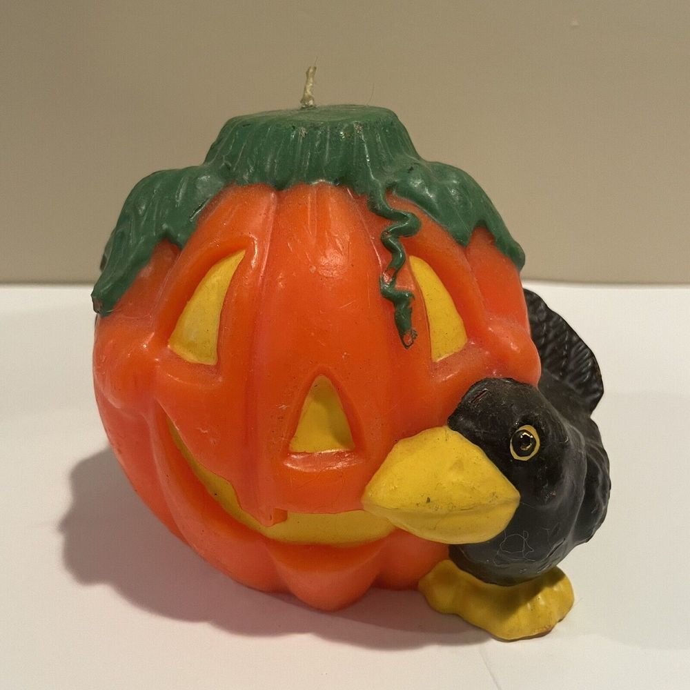 Vintage Wax Candle Orange Pumpkin Jack-o-lantern Crow Halloween